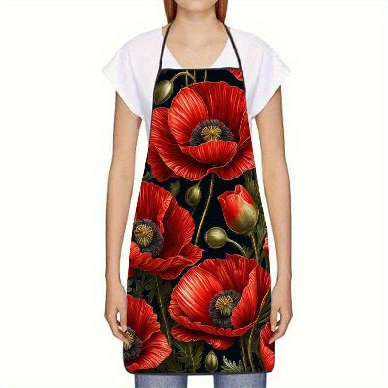 1pc Mother's Day Red Poppies Print Sleeveless Polyester Apron Vibrant Floral Design with Gree