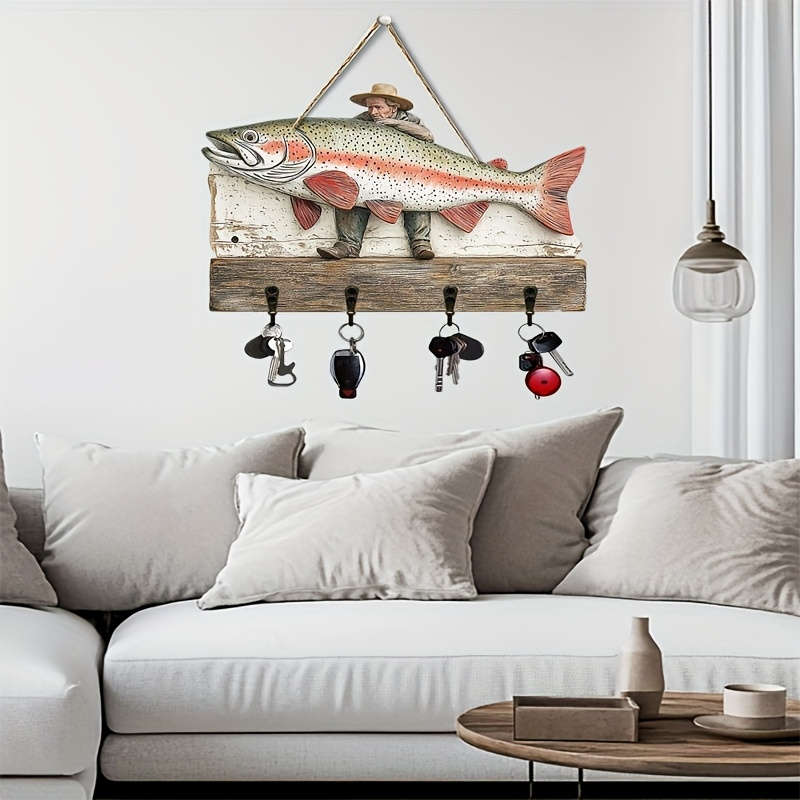 1 Piece2Dflat Fisherman and Rainbow Trout Wooden Signs Simple Colored Wooden and Home Keychain wi