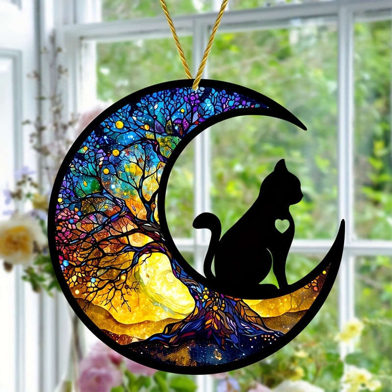 1pc 2D Flat  Stained Glass Style Cat Moon Acrylic Sun Catcher Vibrant Bohemian Window Hanging wit