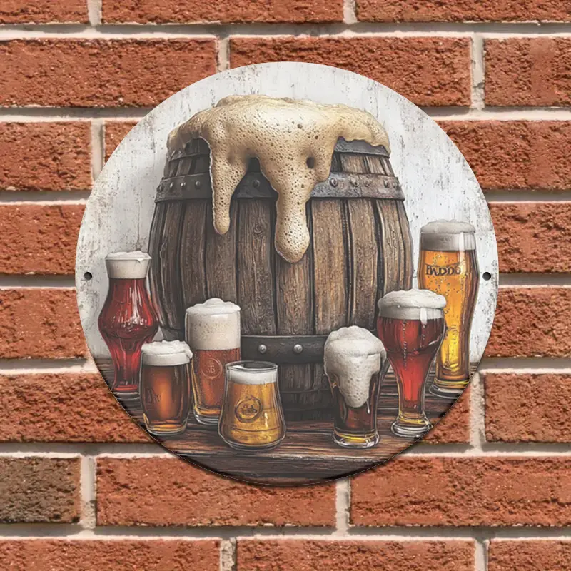 1pc Room Decor Vintage Wooden Barrel Aluminum Wall Sign 8-Inch Round Foil Engraving Art Decor with O