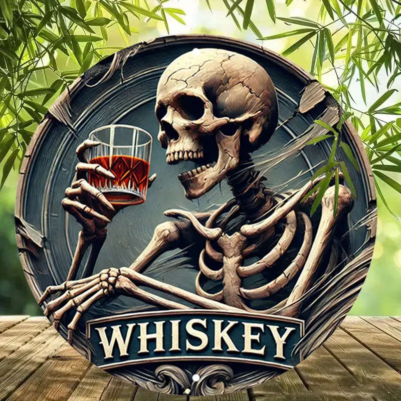 1pc Vintage Whiskey Skeleton Round Aluminum Sign Rustic Metal Wall Decor with Ornate Border Ideal fo