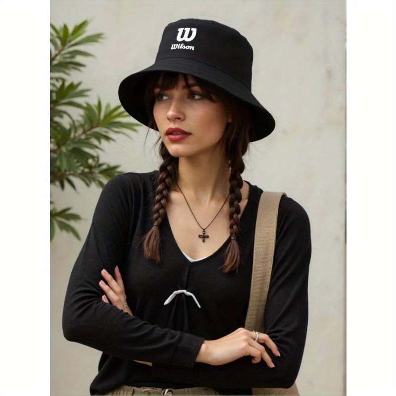 1pc Wilson Printed Eaves Sunshade Bucket Hat Stylish Solid Color Breathable Polyester Materia