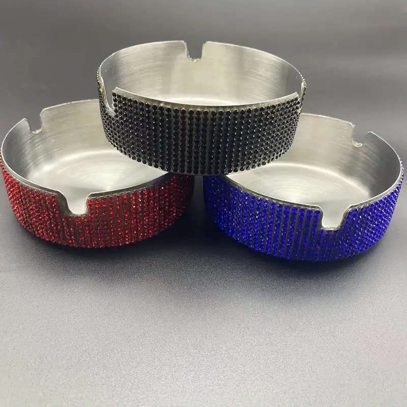 1pc Luxurious Stainless Steel Rhinestone Ashtray with Sparkling Red Blue Rims C Round Design