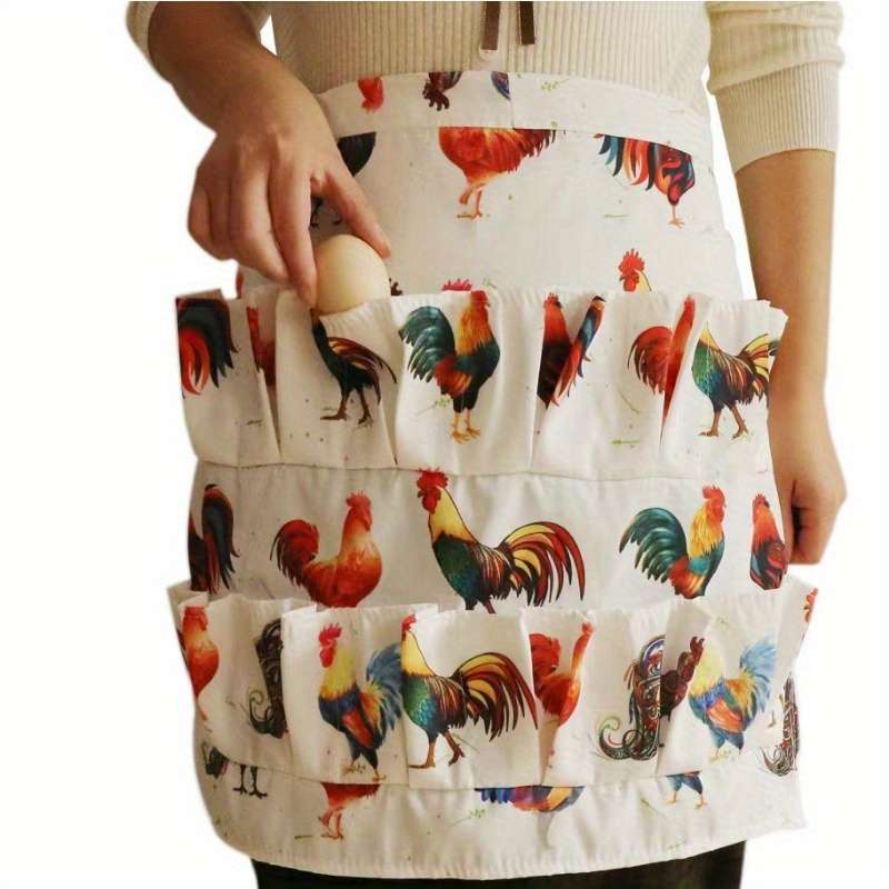 1pc Chicken Print Egg Gathering Apron with Multiple Pockets Durable Polyester Farmhouse Style Ski