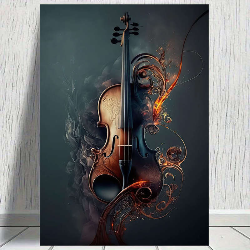 1pc  Large 79.98x119.99cm Frameless Canvas Art Elegant Violin Design with Fiery Swirls Modern