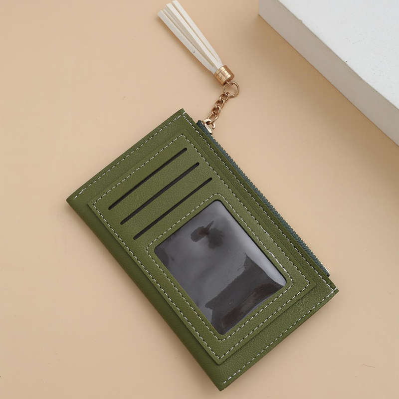 1pc Sleek Black Zipper Card Holder with Multiple Slots Tassel Charm Golden-Tone Accents C Li