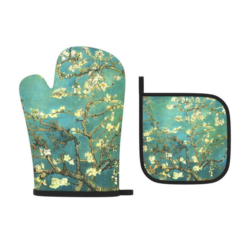 2pcs Blooming Almond Tree Branches Oven Mitt Set Heat Resistant Polyester Kitchen Gloves and P