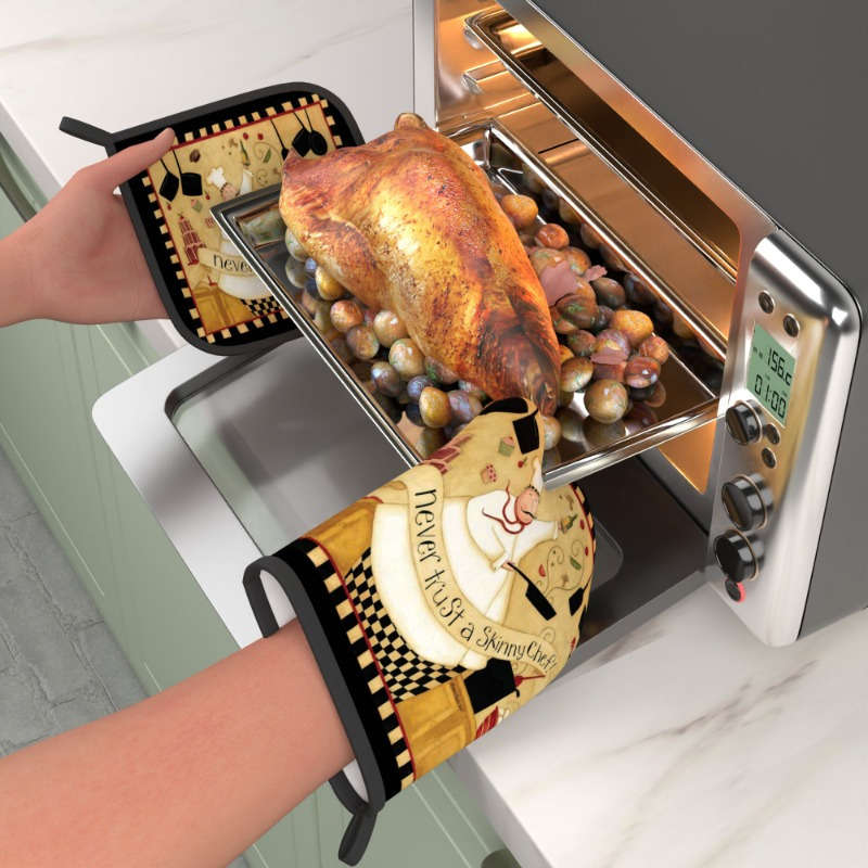 2pcs HeatGuard Polyester Oven Mitts and Potholders Set "Never Trust a Skinny Chef" Design Mac
