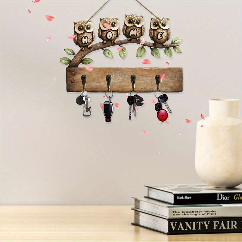 Vintage Owl Family Wall Hook RackRustic Wooden Key Holder with 4 Hooks Charming Owl Design for H