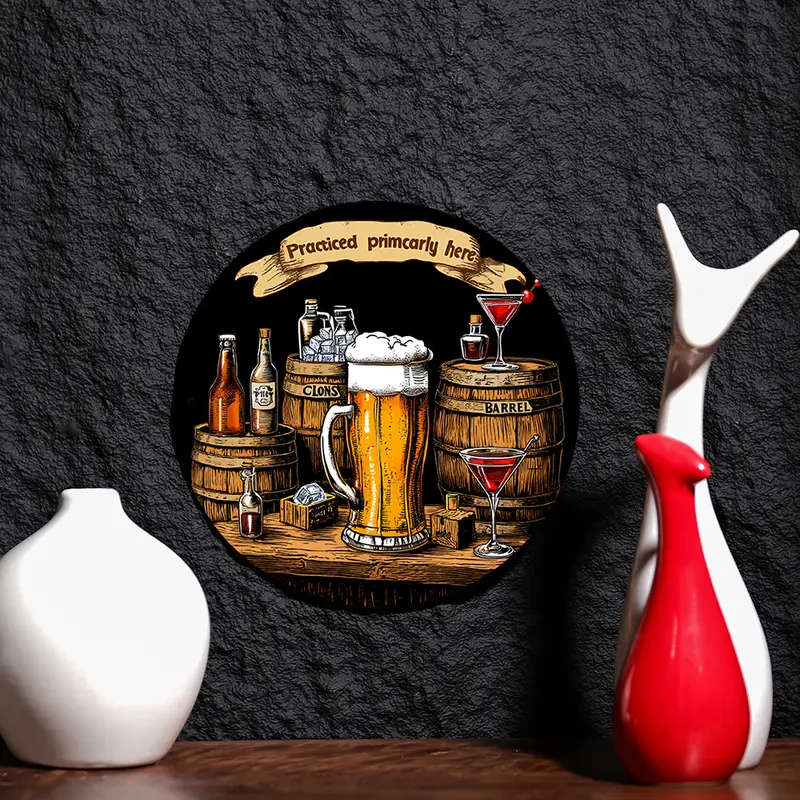 1pc Room Decor Practiced Primarily Here Round Aluminum Sign 20.32x20.32 cm Vintage Pub Decor Flat Pr