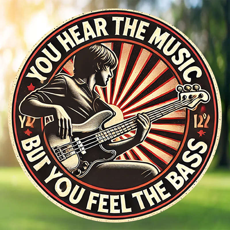 1pc Retro 8-Inch Round Metal Sign with Electric Bass Guitar Design 'You Hear the Music But You F
