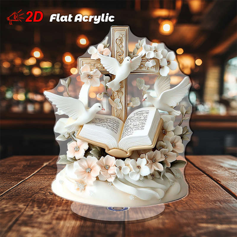 1pc 2D Flat  Acrylic 3D Cross Pendant with Doves Flowers and Open Bible Rotating Crystal Desktop