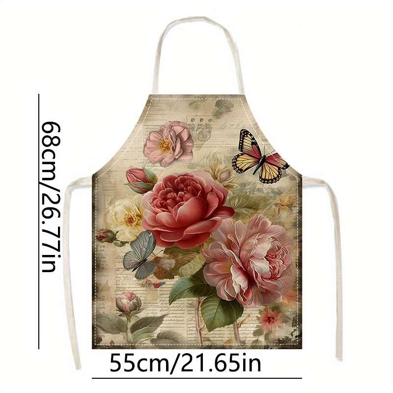 1pc Floral Print Linen Apron Stylish Vintage Rose Design Lightweight Breathable for Cookin
