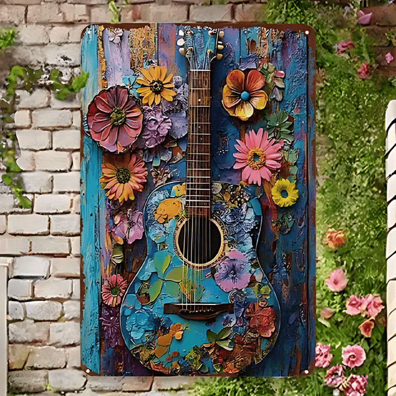 1pc 2D Flat  2D Iron Sheet Painting 20.07x30.23 cm Frameless Guitar Floral Art Decorative Pi