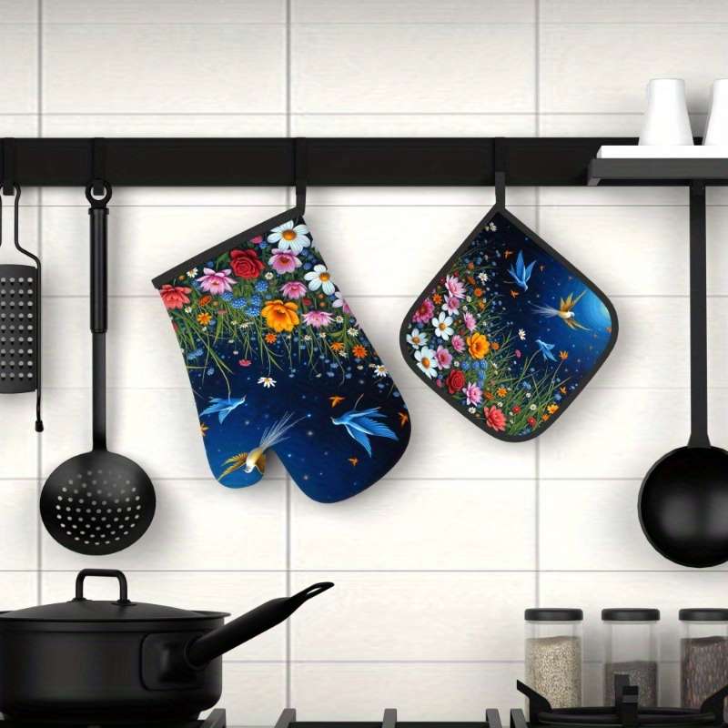 2pcs Set Colorful Floral Bird Design Polyester Oven Mitts and Potholders Heat Resistant Mac