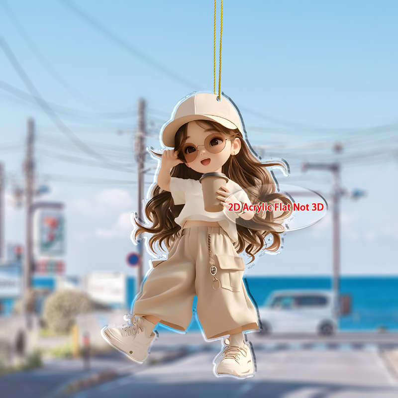 1pc 2D Flat  Acrylic Hanging Ornament Cute Girl with Coffee Design Perfect for Car Keychain Bac