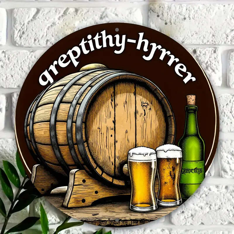 1pc 8Inch Round Aluminum Sign with Wooden Barrel and Beer Glasses Design Ideal for Holiday Season Sp
