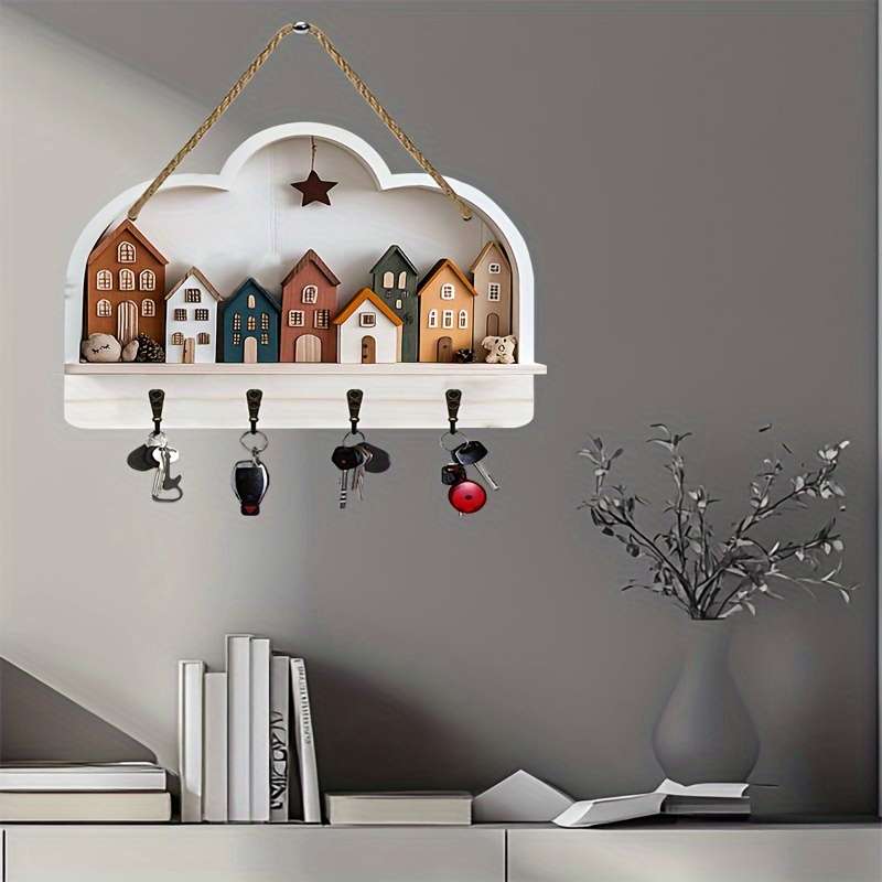 2D Flat 1pc Rural Town Simple and Colorful Wooden and Home Key Rack with Four Metal Hooks 30.0cm