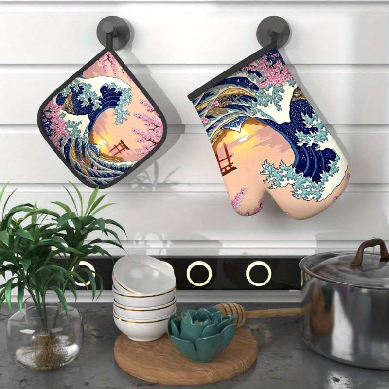 2pcs Set Cherry Blossom Oven Mitts Pot Holders 26.92x17.02cm Heat Resistant Non-Slip Kitch