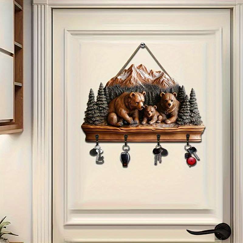 1pc Warm Forest Bear- Household Wooden Key Rack( 29.97cm x 24.99cm) with Four Metal Hooks- Multifu