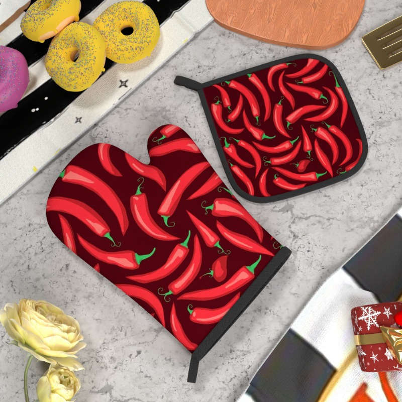 2pcs Red Chili Pepper Oven Mitts Woven Polyester Potholders Heat-Resistant up to 500F Machi