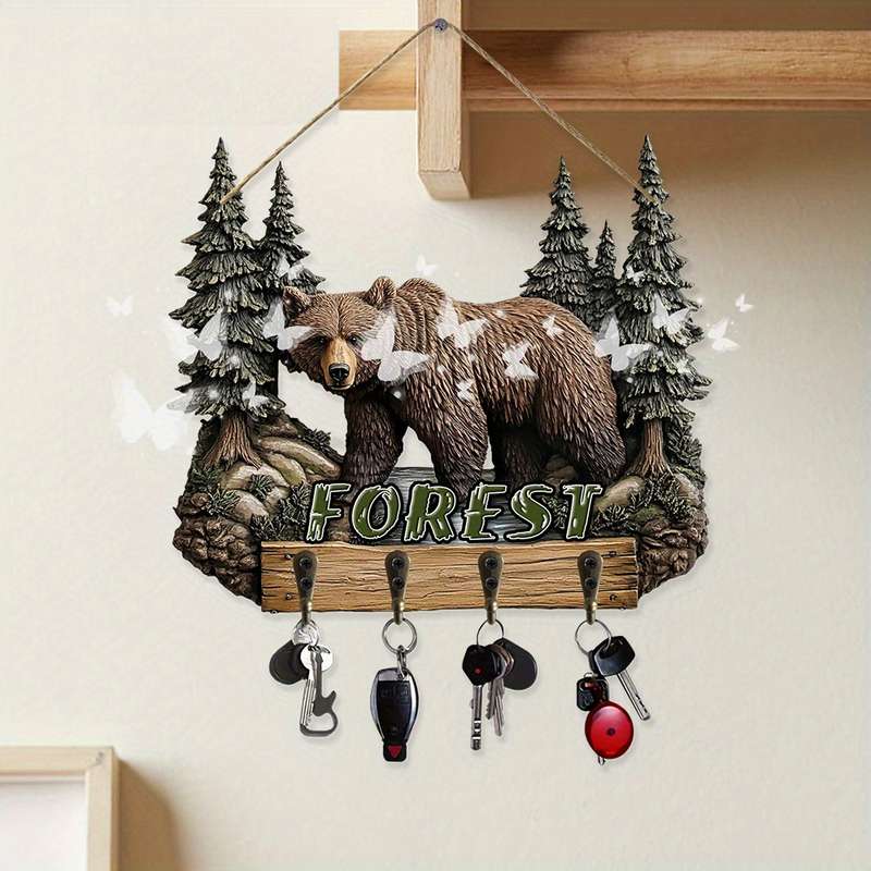 Vintage Forest Bear Wall HookRustic Wooden Key Holder with Brown Bear  Pine Tree Design Perfect