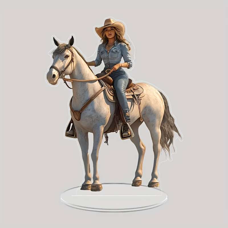 1pc 2D Flat  Acrylic Cowboy Riding Horse Statue Classic Western Style Transparent Collectible No