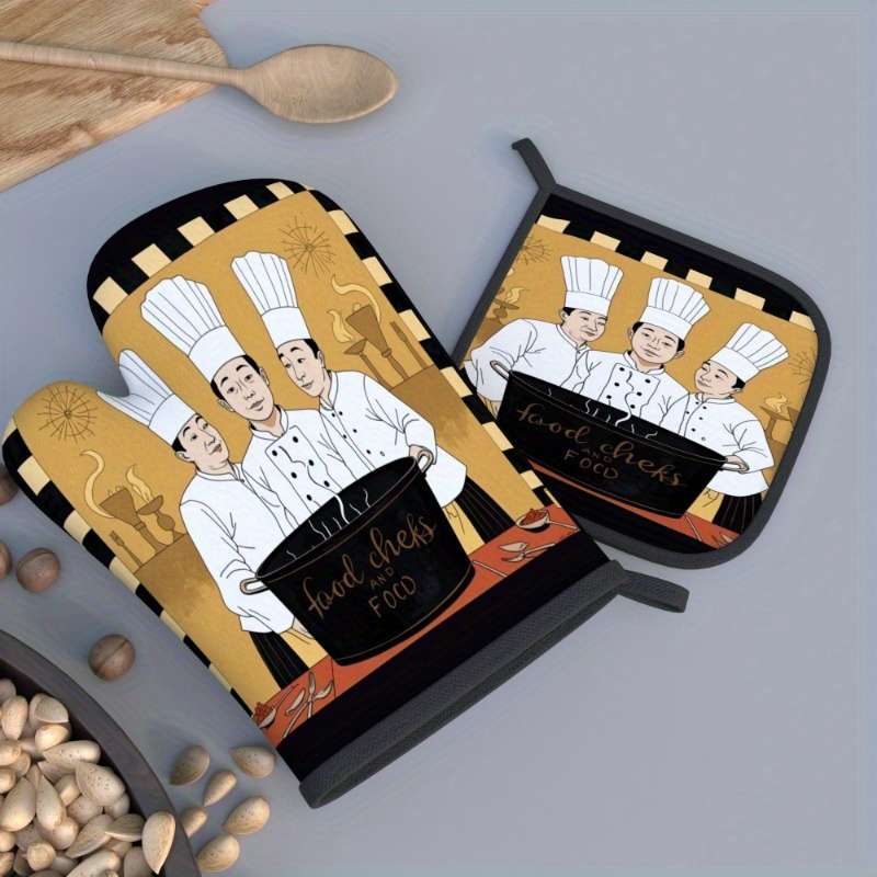 2pcs Chef-Themed Oven Mitts Pot Holders Heat-Resistant Durable Polyester Machine Washable