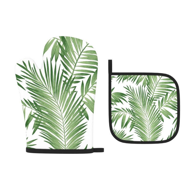 2pcs Summer Green Leaves Oven Mitts Pot Holders Set 26.92x17.02cm Heat Resistant Machine W