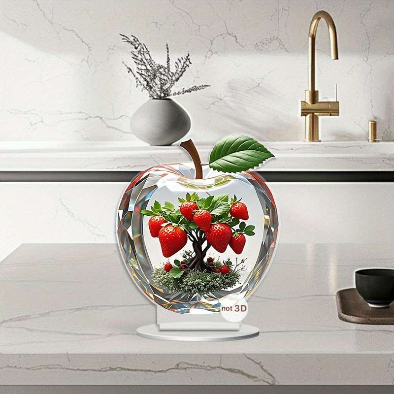 1pc 2D Flat   Elegant Strawberry  Acrylic Decorative Piece with Vibrant Green Leaves Red Ber