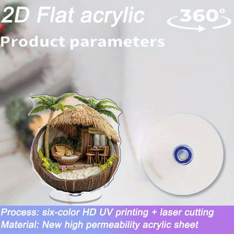 1pc 2D Flat  Tropical Hut in a Coconut Shell Acrylic Desk Decor with Stand  Design Featuring Pa