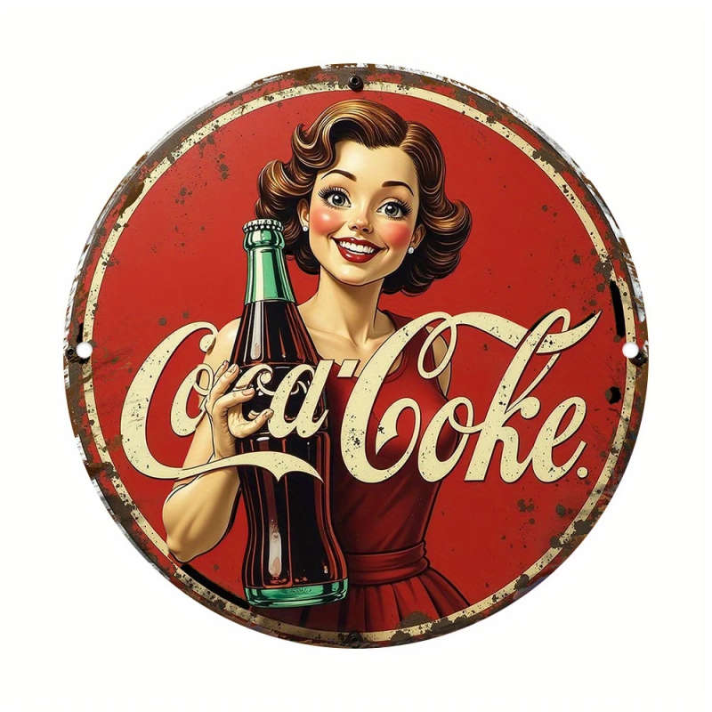 1pc 2d flat Retro Beverage Advertising Theme Aluminum Wall Sign 20.32x20.32 cm Round Metal Decorativ