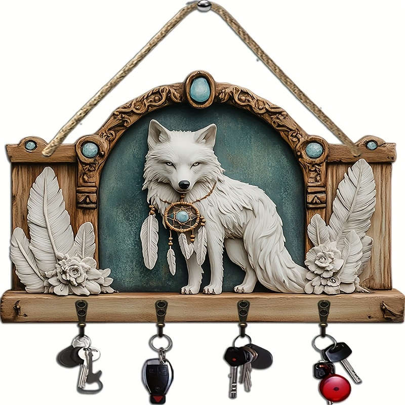 1pc 2D Flat Wolf and Dream Catcher Simple Colorful Wooden and Household Key Hook with Four Metal