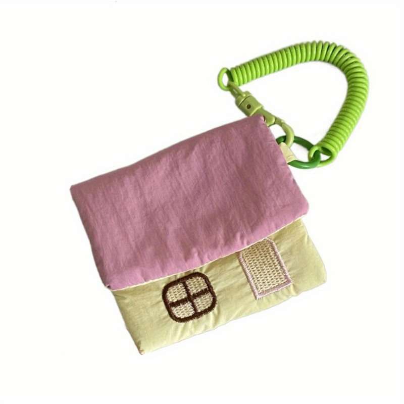 1pc Cute House-Shaped Keychain Pouch Mini Polyester Storage Bag with Rope Closure Pastel Colors