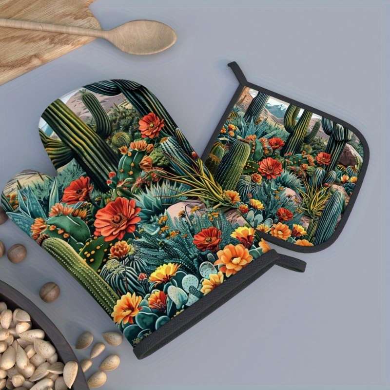 2pcs Vibrant Cactus and Floral Heat-Resistant Oven Mitts 26.92x17.02 cm Polyester Machine W
