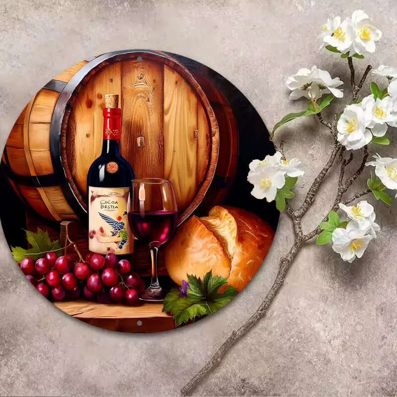 1pc Bottle of Wine And a Glass of Red Wine Next to a Wreath Sign 8X8 Inch 20Cmx20Cm Round Aluminum S