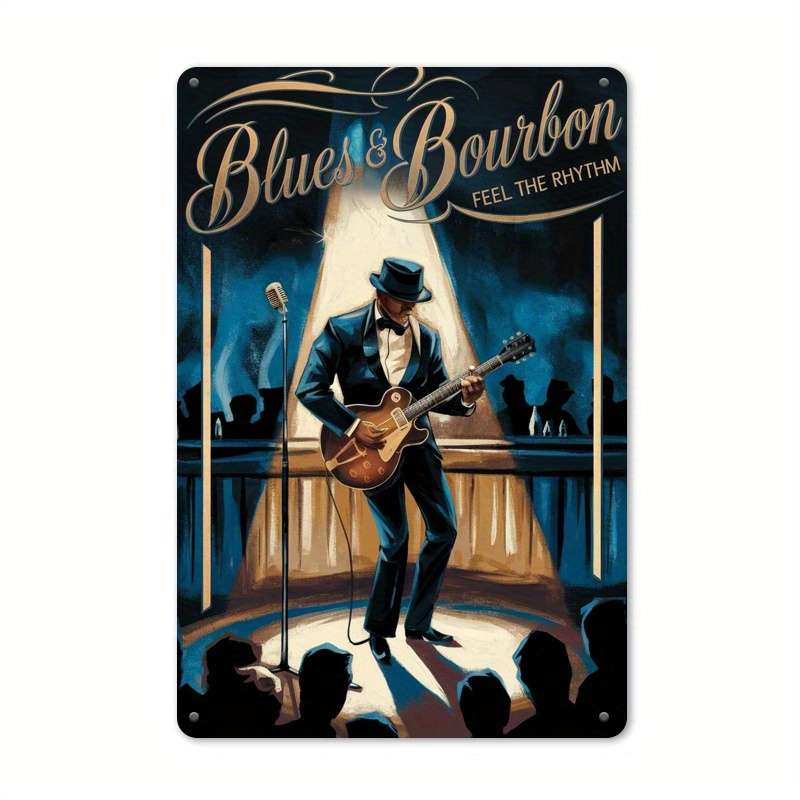 1pc Room Decor  Blues Bourbon Jazz Theme Iron Tin Sign 30.48x20.32 cm 2D Printed Wall Art for
