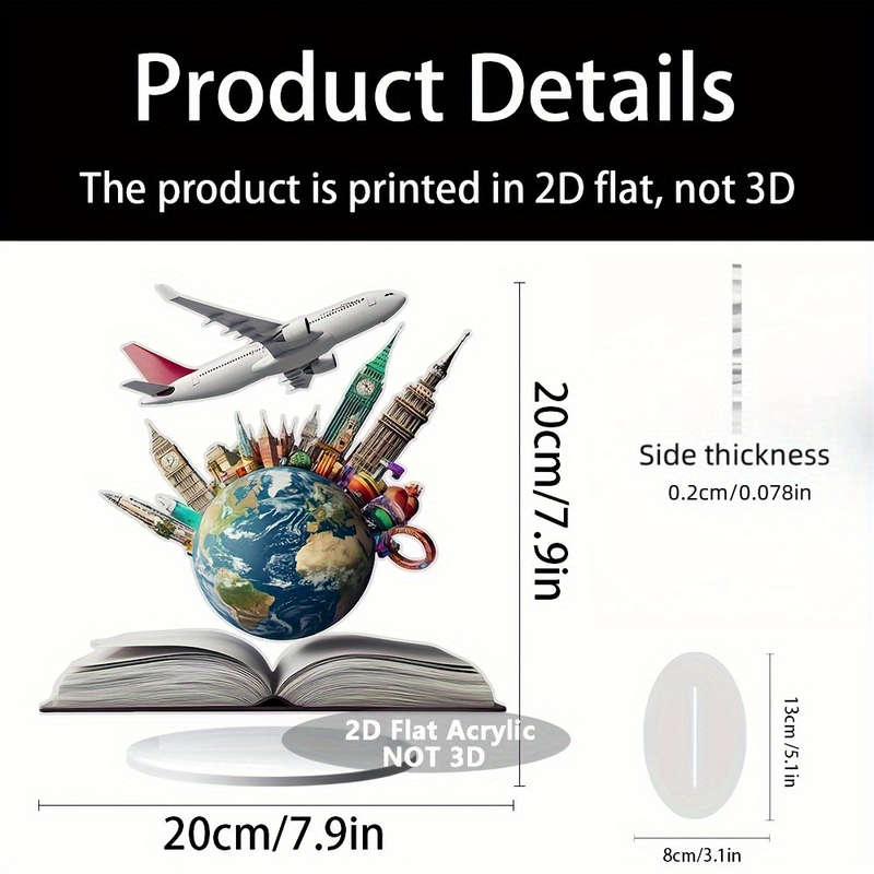 1pc 2D Flat   Acrylic Globe and Airplane Desk Decor Bohemian World Map Art with Iconic Landmark