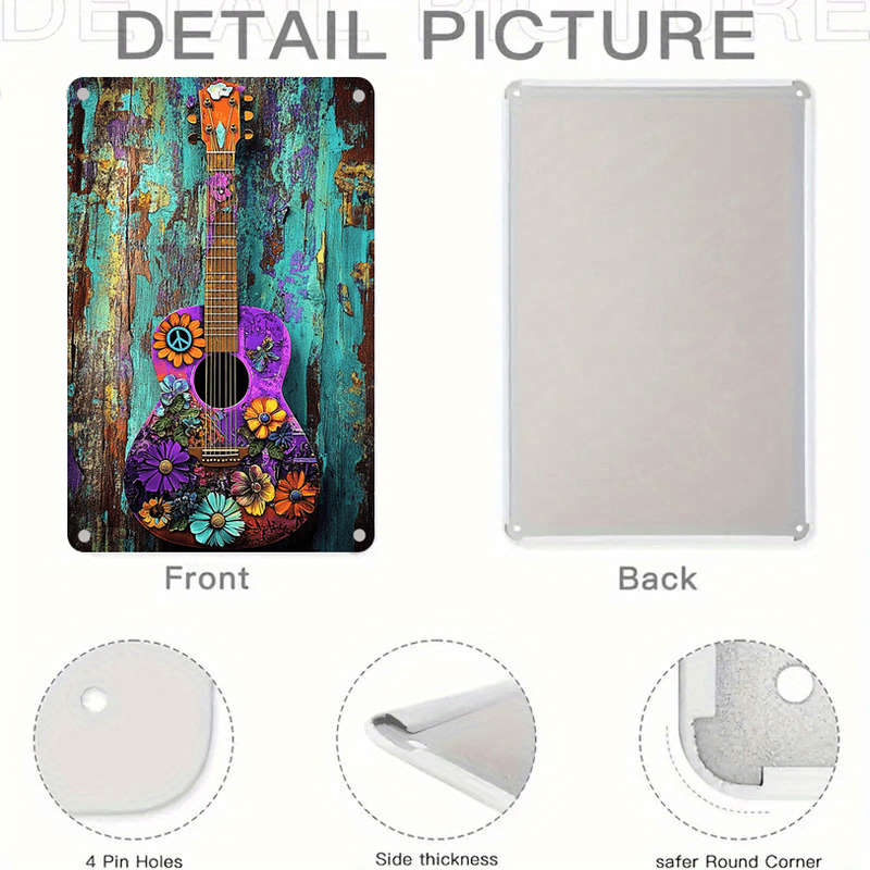 1pc  Vibrant Guitar Metal Wall Art Colorful Flowers Peace Sign Design Frameless Ideal for