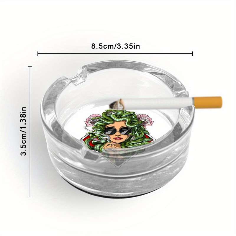1pc Medusa Art Glass Ashtray with Anti-Slip Base Emerald Serpent Blossom Motif Crystal Clear R