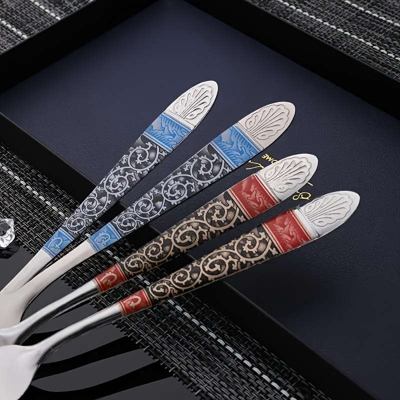 10pcs Elegant Multicolor Stainless Steel Soup Spoons Vintage Print Durable Easy to Clean R