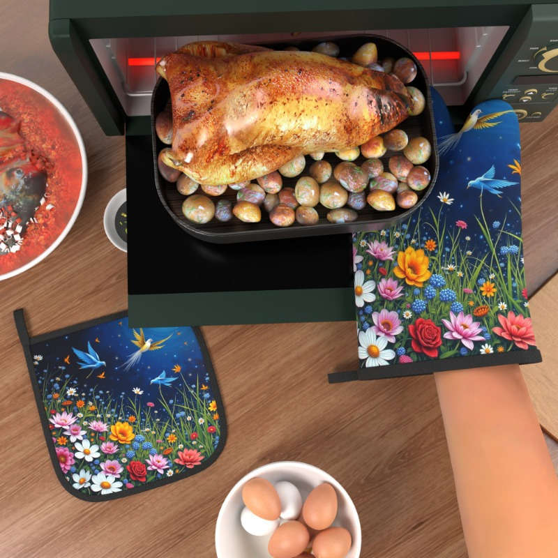 2pcs Set Colorful Floral Bird Design Polyester Oven Mitts and Potholders Heat Resistant Mac
