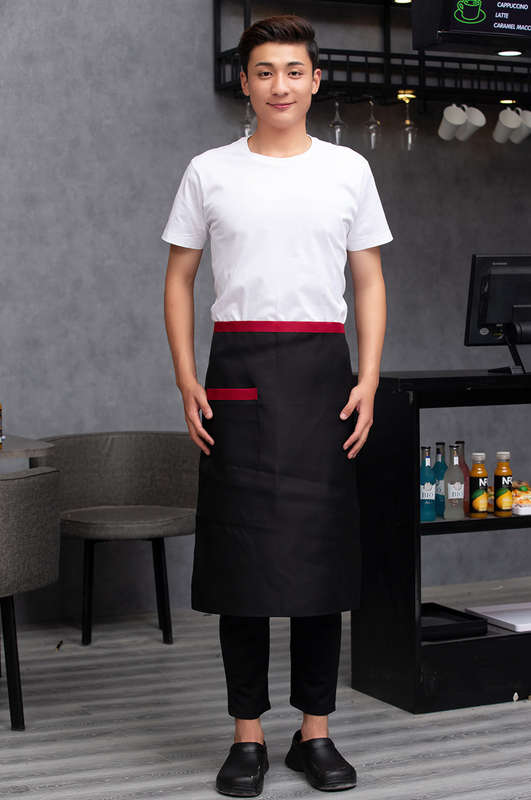 1pc Men's Black Canvas Chef Apron with Red Stripe Half-Length Server Kitchen Work Apron Durabl