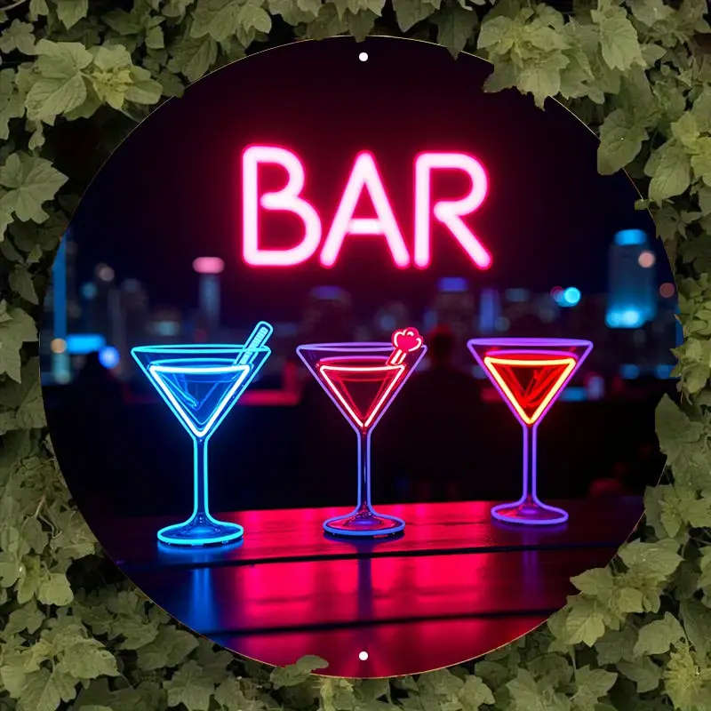 1pc Vintage Metal Sign Retro Neon Cocktail Glasses City Skyline in Background Vibrant Colors Dark Ur