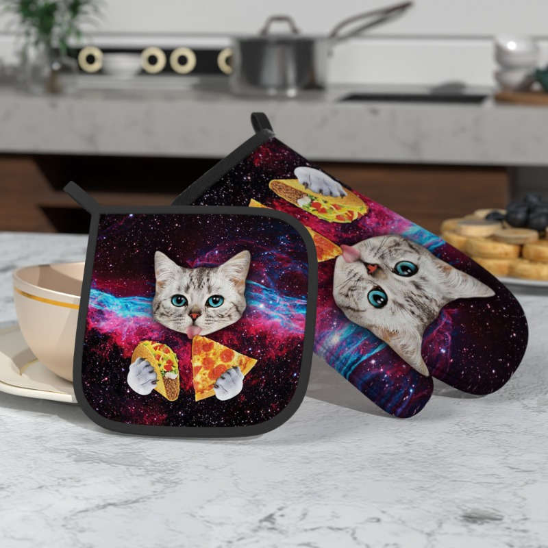 2pcs WhimsyCat Heat-Resistant Polyester Oven Mitts and Pot Holders Set 26.92x17.02 cm Cute Ki