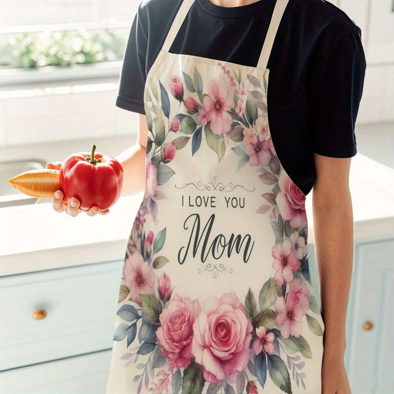 1pc Single-Piece Apron Floral Design with "I Love You Mom" Message Durable Polyester Unisex Kitc