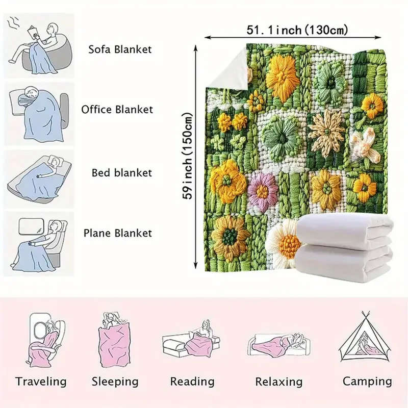 1 Floral Crochet Flannel Throw Blanket 130*150cm