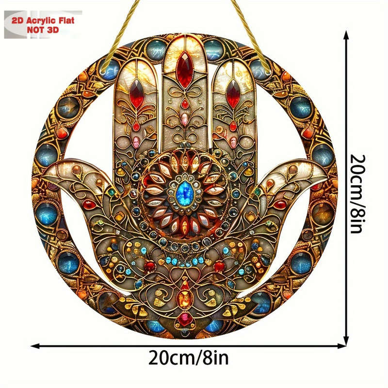 1pc 2D Flat  Bohemian Hamsa Hand Sun Catcher  Acrylic Window Hanging Decor with Colorful Staine