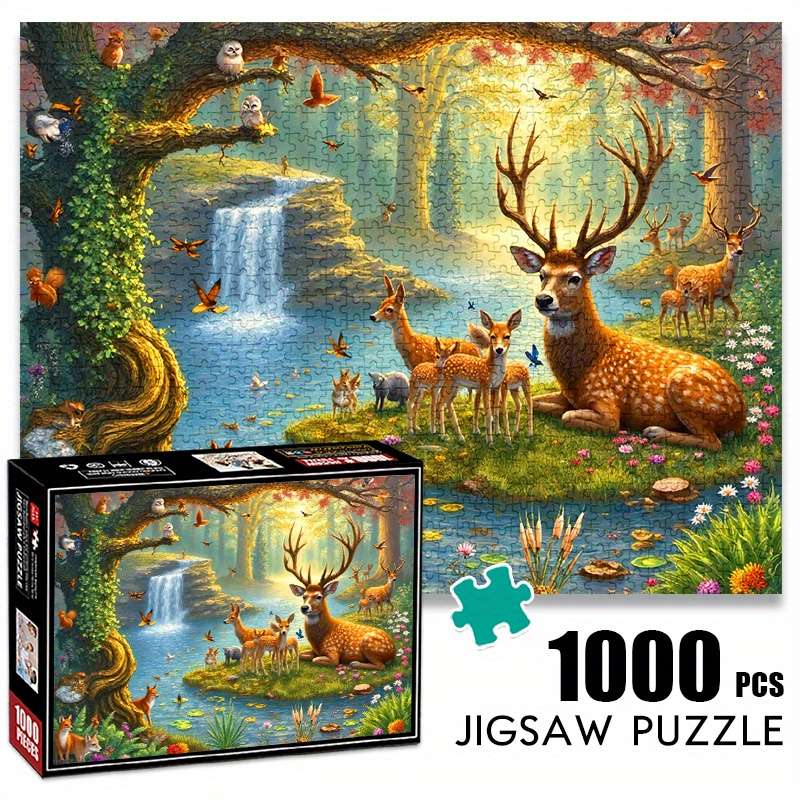 1000pcs Forest Deer Jigsaw Puzzle Scenic Nature Art with Deer Birds Waterfall
