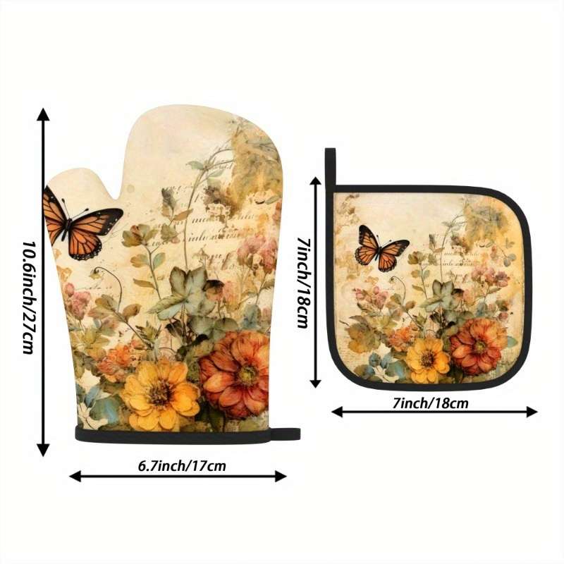 2pcs Vintage Floral Butterfly Heat-Resistant Oven Mitts 26.92x17.02 cm Polyester Kitchen Gl